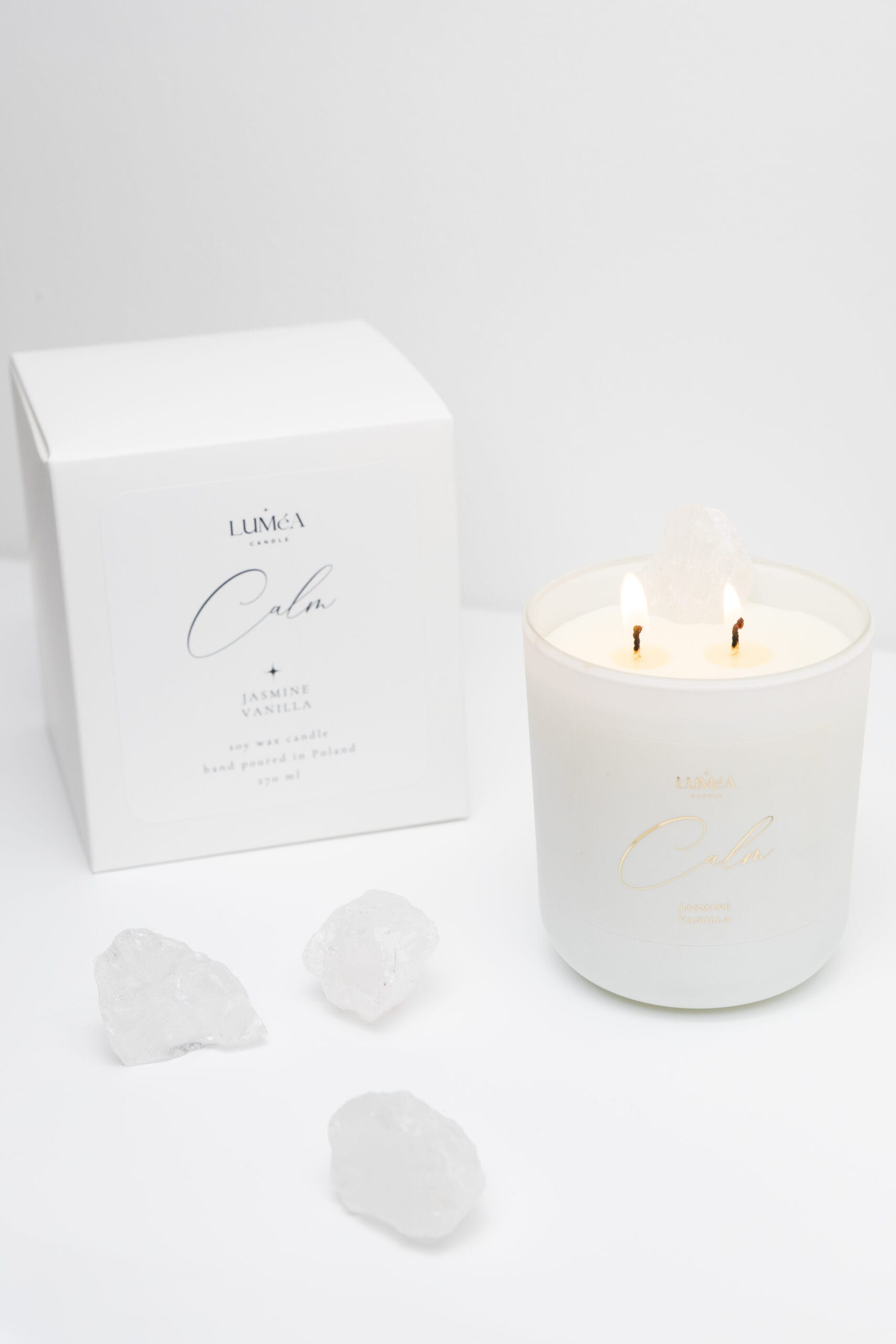 Naturalna świeca sojowa z kwarcem w eleganckim opakowaniu