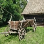 Koń ciągnący drewniany wóz na polskiej wiejskiej drodze