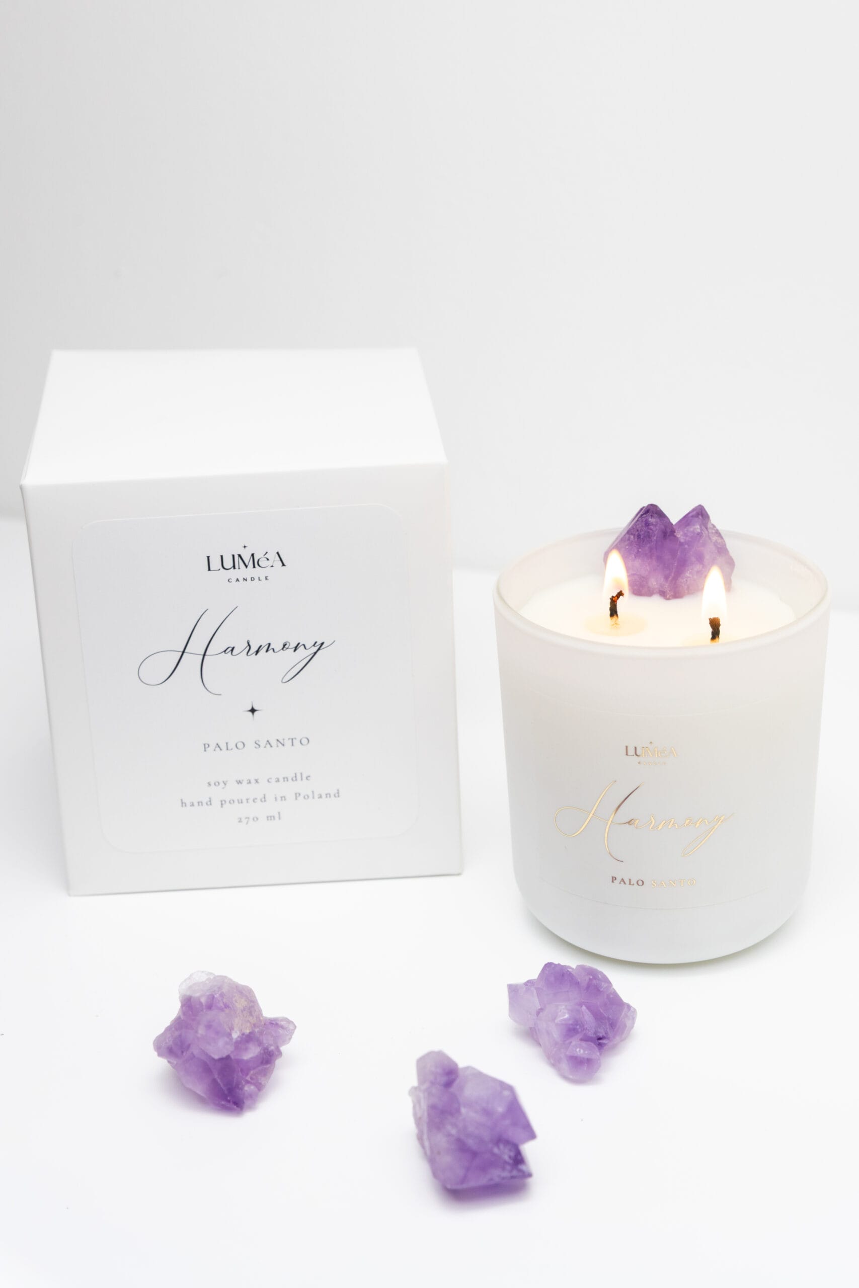 ojowa świeca Luméa Candle z ametystem – świeca relaksacyjna z kamieniem