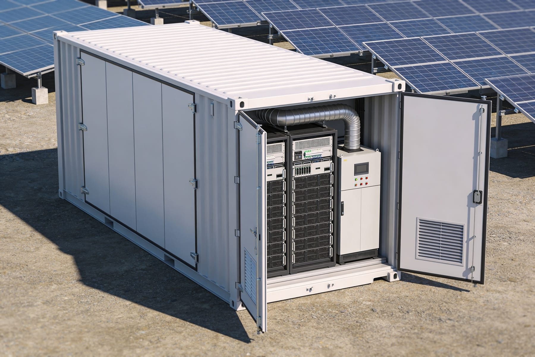 Kontenerowy magazyn energii BESS dla firmy stojący obok instalacji fotowoltaicznej na dachu hali produkcyjnej